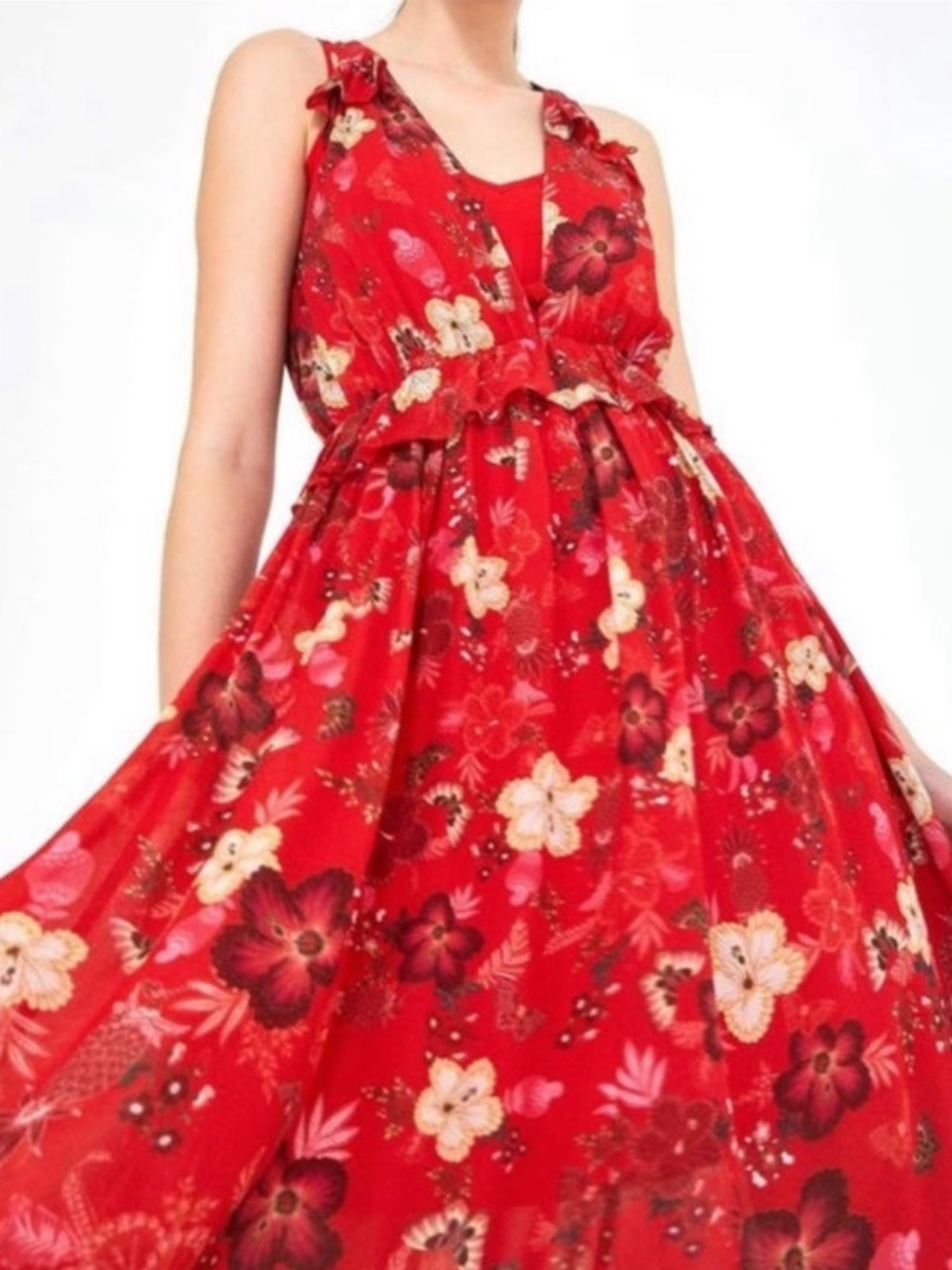 FARM Rio Anthropologie Flor de Luz floral tropical midi dress Medium Red
